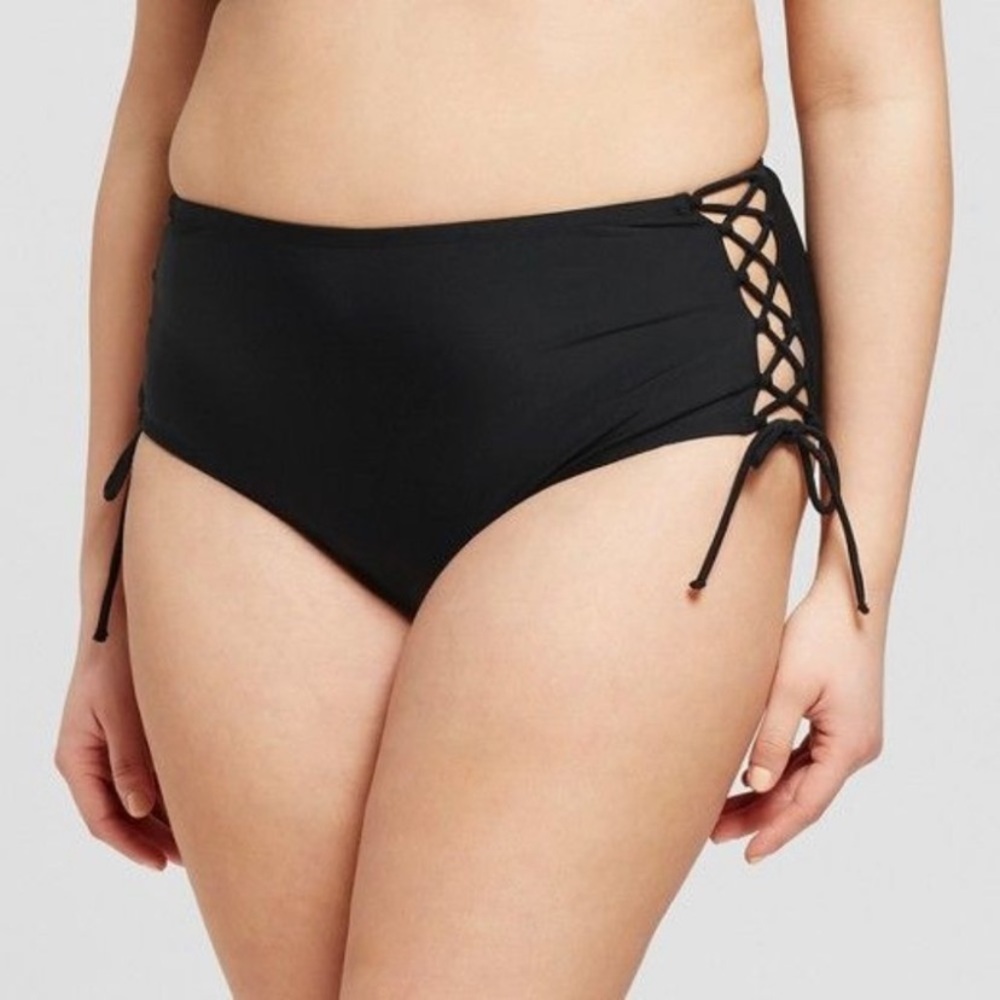 Xhiliration Black Tie High Waisted Swim Bottom Plus Sizes NEW